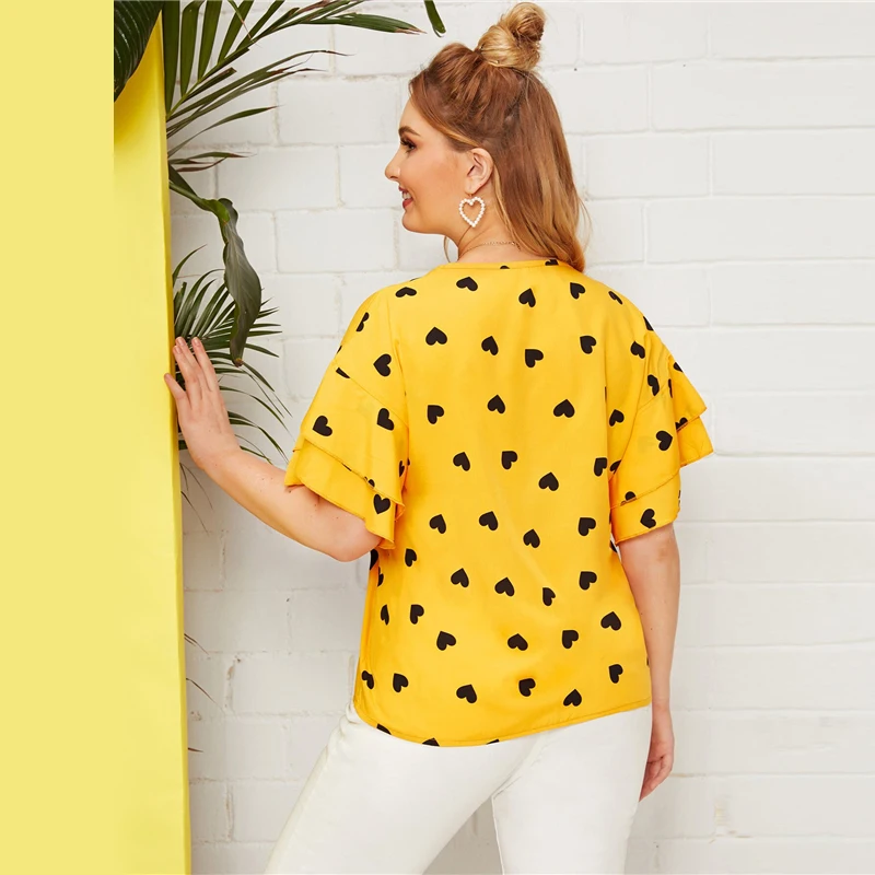 Dotfashion, женская блузка размера плюс, желтое сердце, принт, v-образный вырез,, милая летняя одежда с коротким рукавом, Женская корейская мода, топы