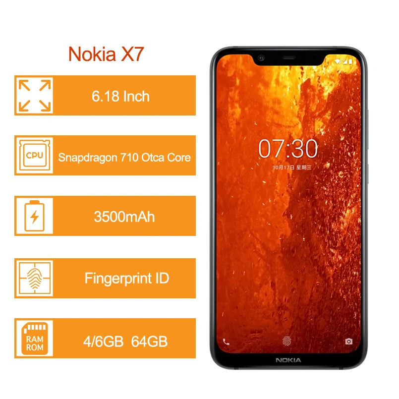 NOKIA X7 6,18 дюймов FHD полноэкранный Android Смартфон Snapdragon 710 Восьмиядерный 3500 мАч Быстрая зарядка OTG Мобильный телефон