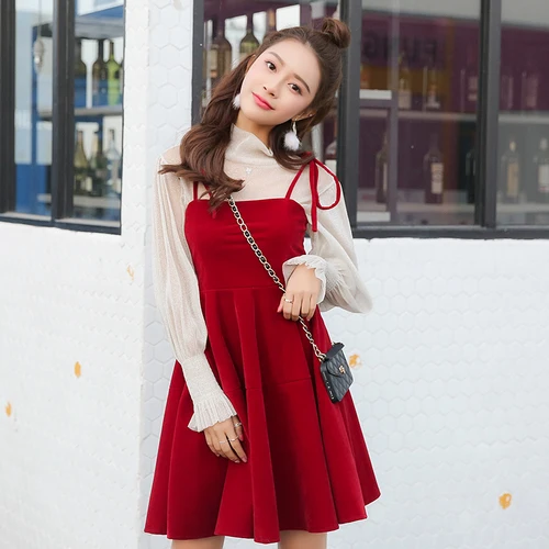 

Women Dress Autumn 2020 Vintage Velvet Long Sleeve Sheer Mesh Top Slim Waist Pleated Dress Black Red Retro Two Piece Dress D395