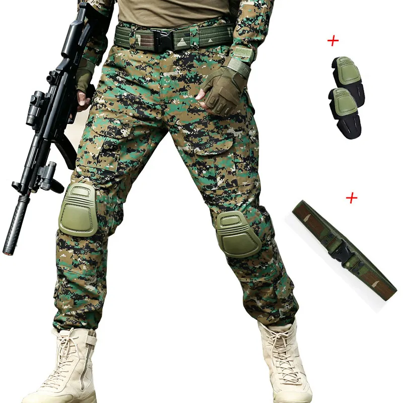 Pants With Pads belt Военные тактические брюки мужские Мульти карманные Панталоны лягушка КАРГО КАМУФЛЯЖ рабочие брюки армейский Охотник SWAT Combat CS Брюки наколенники - Цвет: Pants With Pads belt