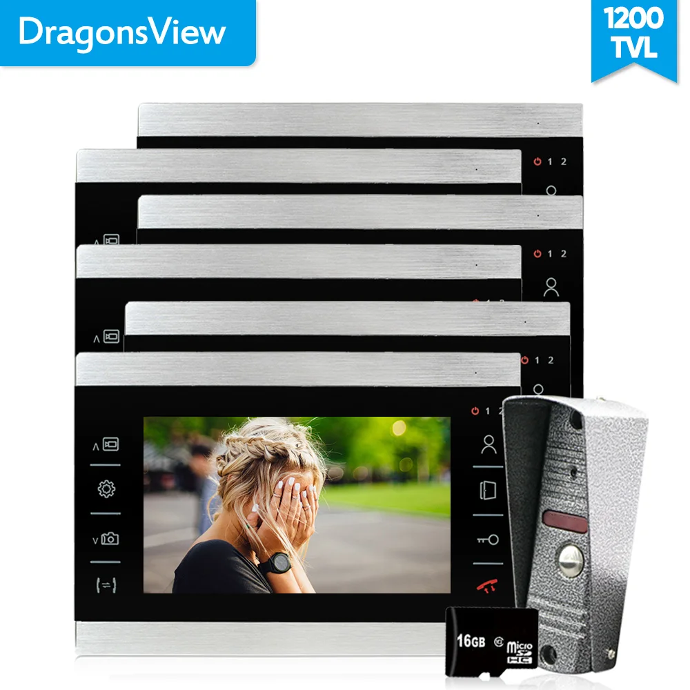 Dragonsview 7 inch video door phone doorbell intercom kit Intercom 6 Monitors 1 Outdoor Station Waterproof DayNight View Record |