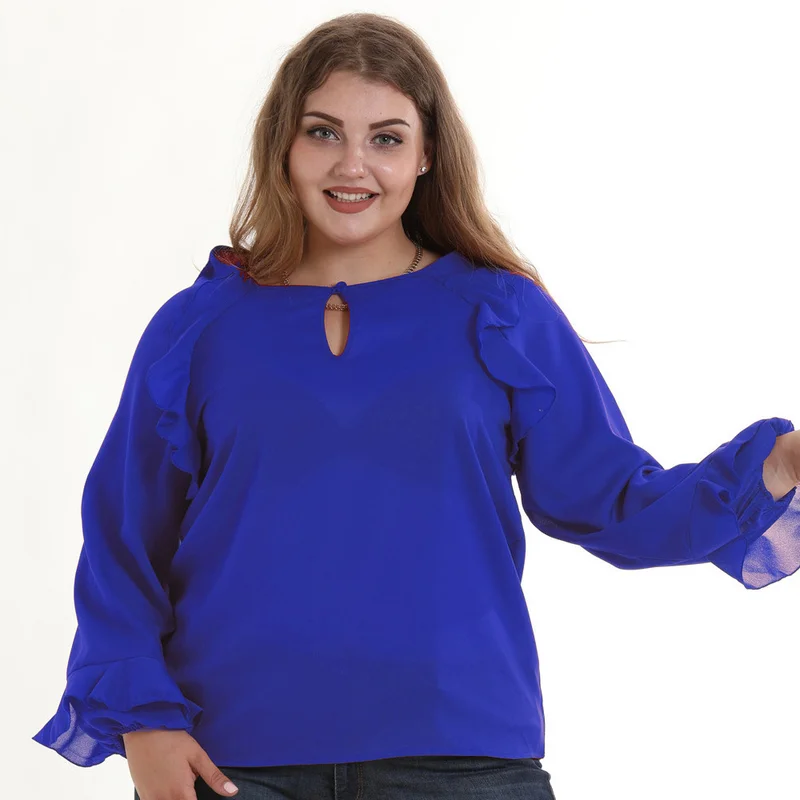 5xl 6xl корейский стиль Женская блузка с оборками длинным рукавом плюс размер