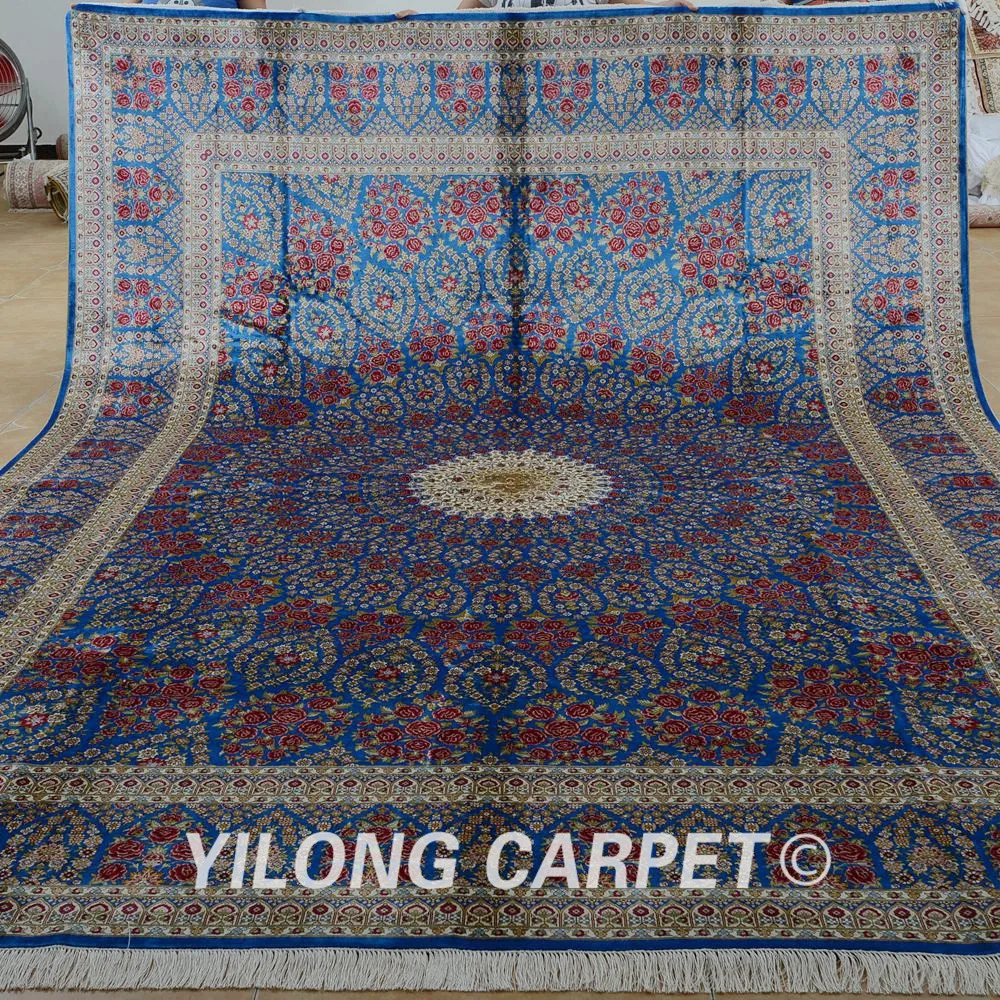 Goedkoop Yilong 9'x12 'Vantage Klassieke Kleed Grote Antiek Blauw Medaillon Kashmir Zijden Tapijt (1911)