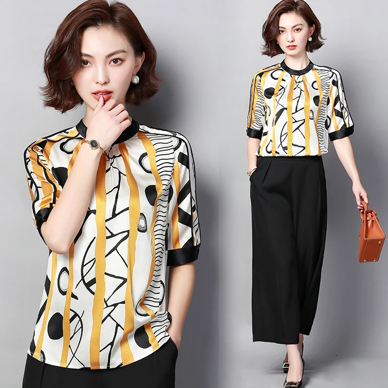 

plus size women short sleeve shirts Silk large size slim fashion print blouse fashion new 2019 womens tops and blouses 3211 50