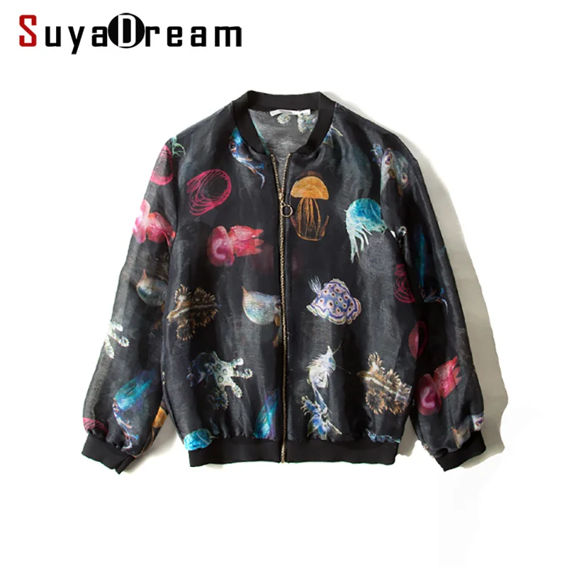 Women Jacket 50%Real Silk 50%Linen Casual Zipper Printed Jackets 2019 Fall Winter New Outwear Black | Женская одежда