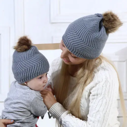 New Winter Mother Baby Knit Wool Warm Hat Soft Cotton Turban Knot Pom Bobble Kid Girl Boys Family Beanie Cap | Детская одежда и