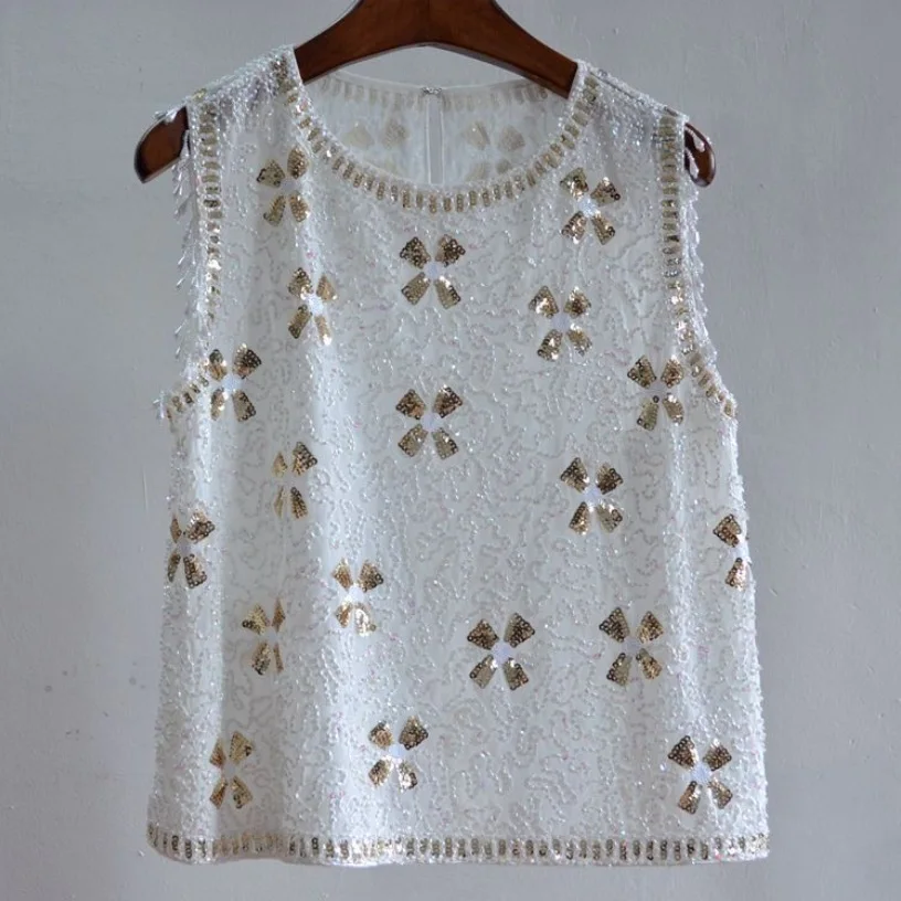 

Women Fashion Beading Sequins Tank Tops Summer Sleeveless Chiffon Tanks