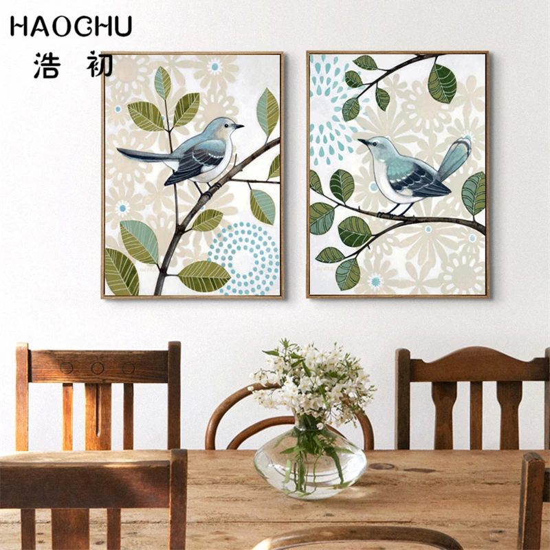 HAOCHU прекрасные синие птицы ветви животных холст искусство печать картина стене