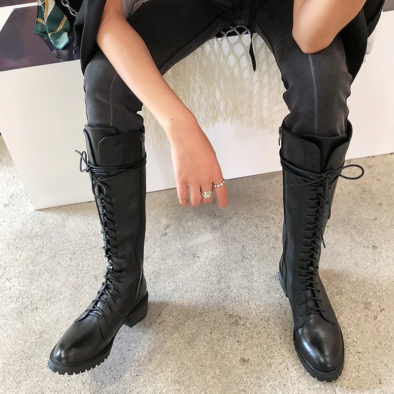 WETKISS Motorcycle Boots Women Thick Heels Boot Round Toe Croos Tied Shoes Female Cow Leather Shoes Ladies Autumn New
