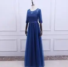 navy blue Ruthshen Розовый Длинные Выпускные платья кружевной рукав до локтя Аппликации Ruched Тюль дешевые праздничное платье Вечерние - Цвет: navy blue