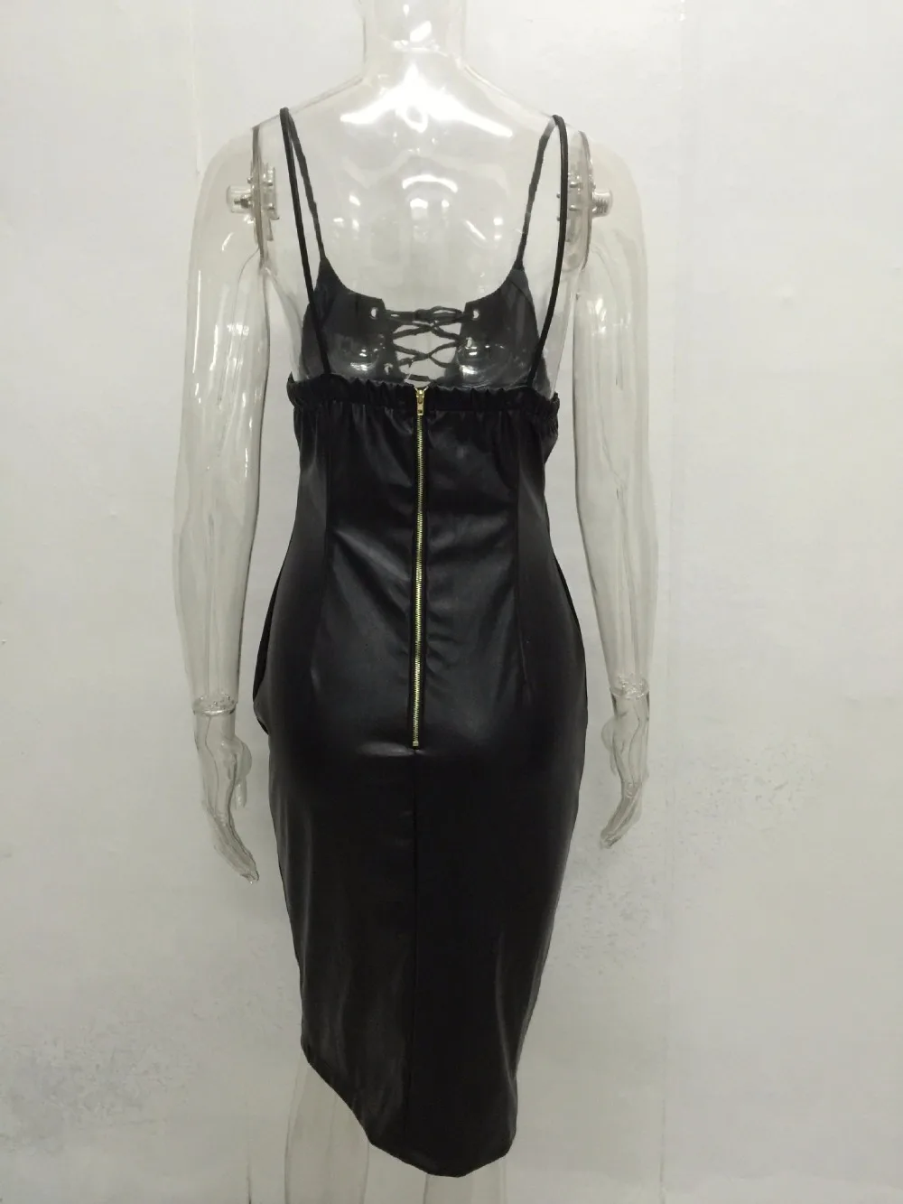 2017 Весна Сплошной Цвет Женщины Черное Платье Сексуальная ИСКУССТВЕННАЯ Кожа