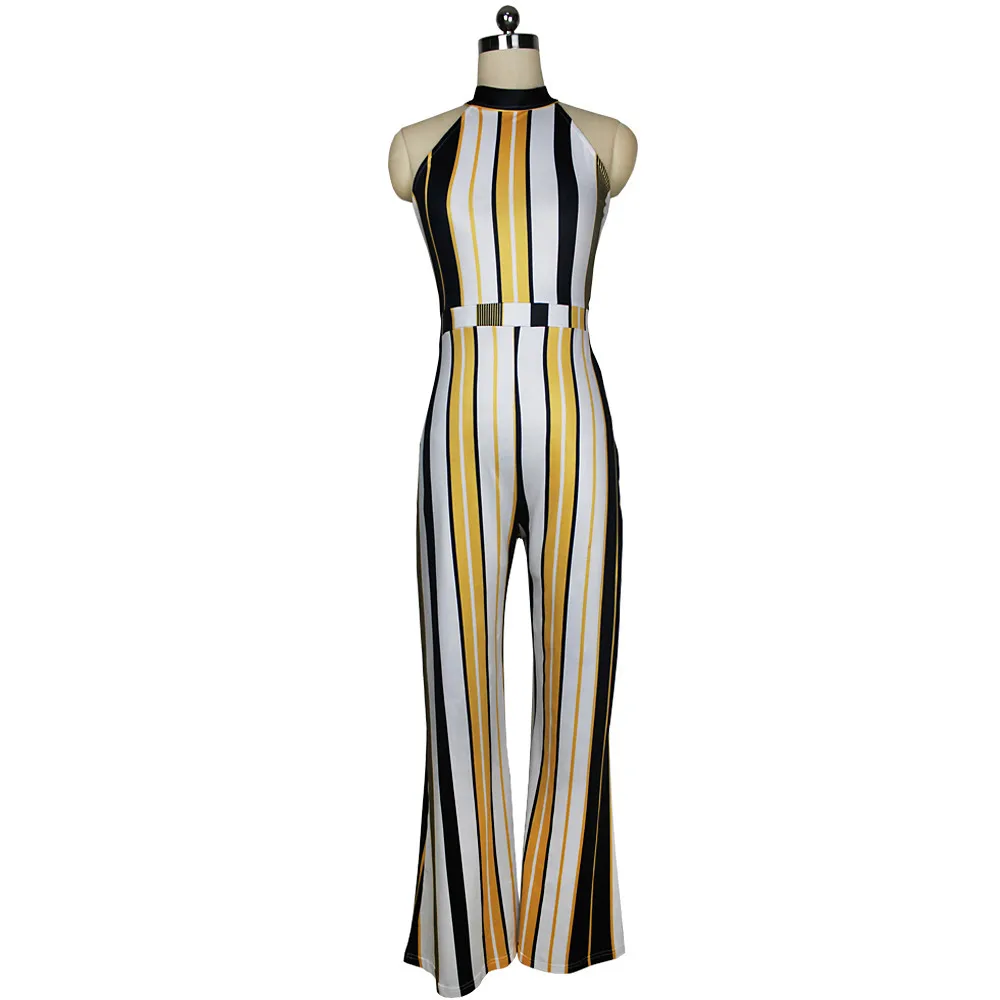 Free Ostrich European Style Summer design Brand Women Sleeveless Turtleneck Stripes High Waist Flared Jumpsuits Rompers D1235