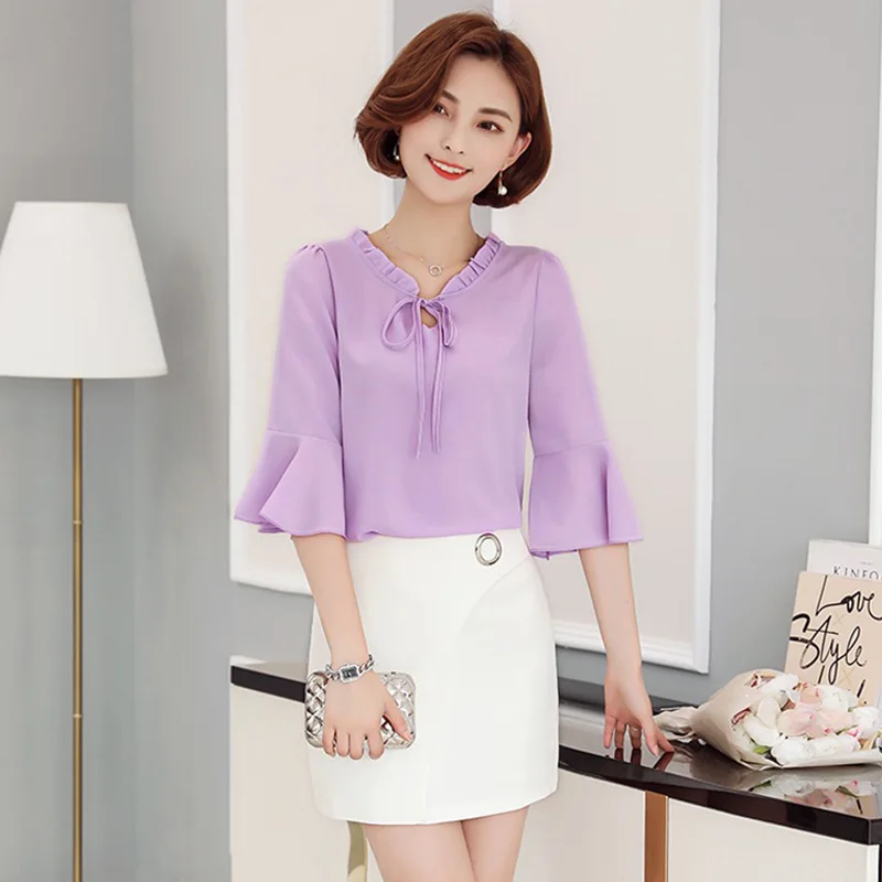 

Newly Women Tops Solid Color Flare Sleeves Chiffon Blouse Lace-up Shirts m99