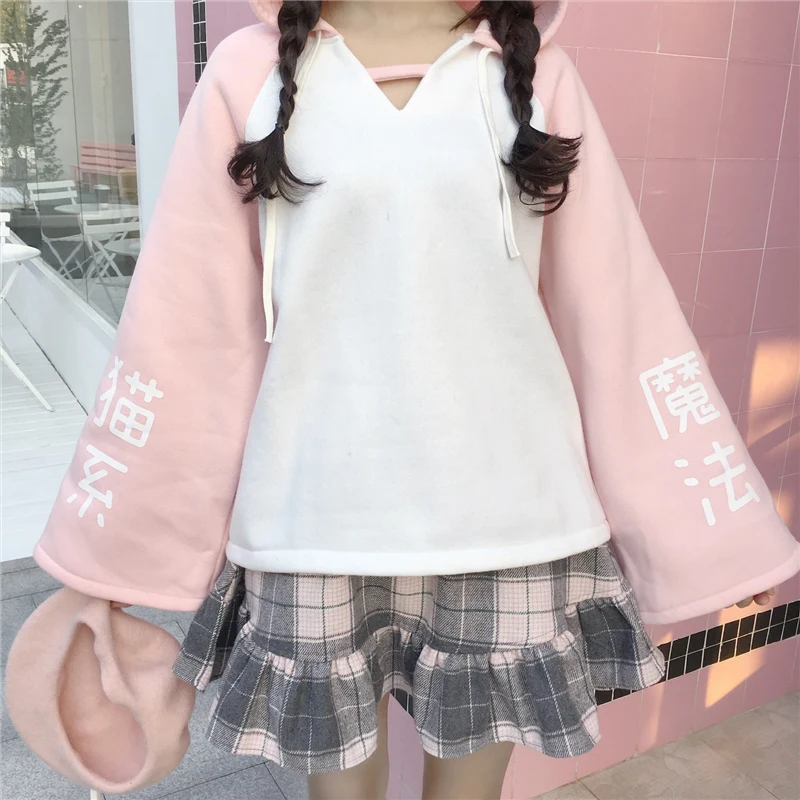 Harajuku Kawaii женский Толстовки с капюшоном японский милый кот волшебные слова