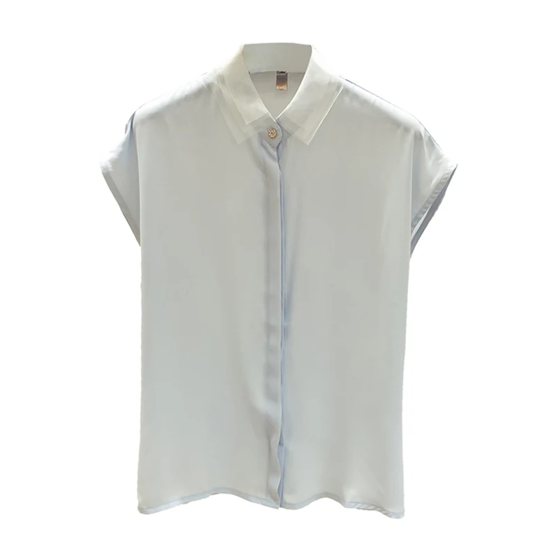 Лето 2018 новый стиль Корейская тонкая Однотонная рубашка с отворотом шифоновая