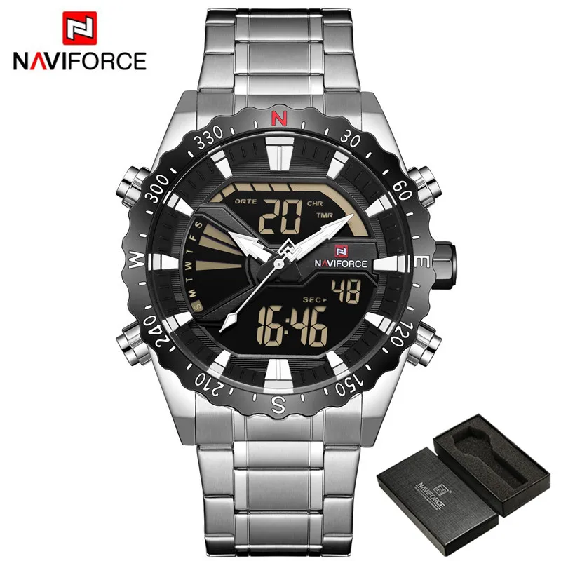 NA913604 with box Мужские часы NAVIFORCE, мужские военные спортивные часы, светодиодный Аналоговый Цифровой наручные часы, модные мужские кварцевые часы из нержавеющей стали 9136 - Цвет: NA913604 with box