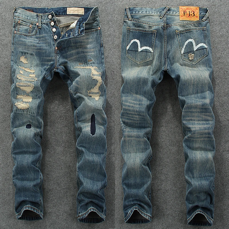 Весна-Осень 2016 прямые мужские джинсы с заплатками дырками винтажные