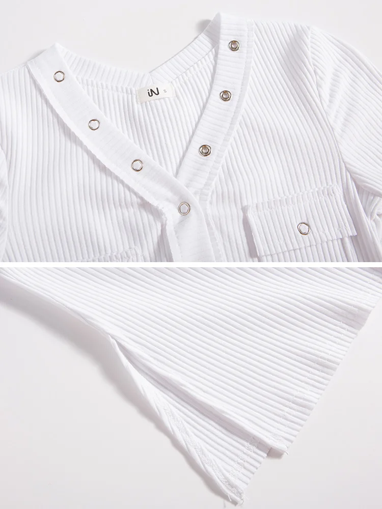 Для женщин футболки лето 2019 белые v образным вырезом Sexy рубашка с карманом