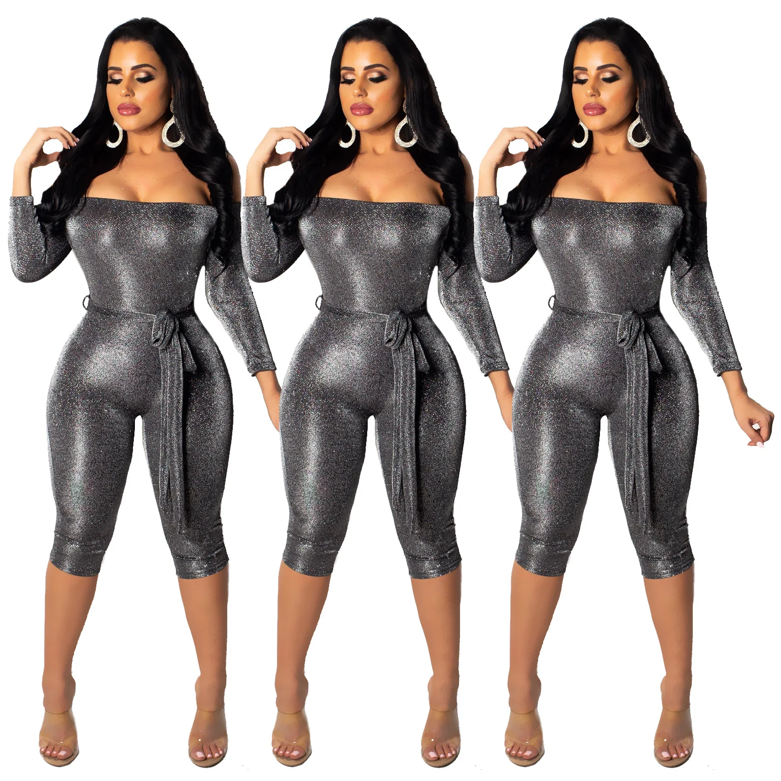 2019 new hot selling Sexy word collar gold and silver silk jumpsuit Skinny Solid suit for lady | Женская одежда