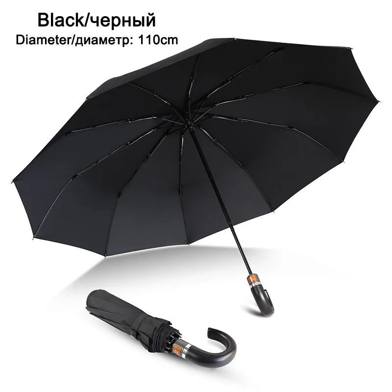 Классический мужской зонт с кожаной ручкой, автоматический, 10 ребер, ветрозащитный, 3 складных зонта, Зонт от дождя, женский, деловой, мужской, качественный зонтик - Цвет: TM1805-Black