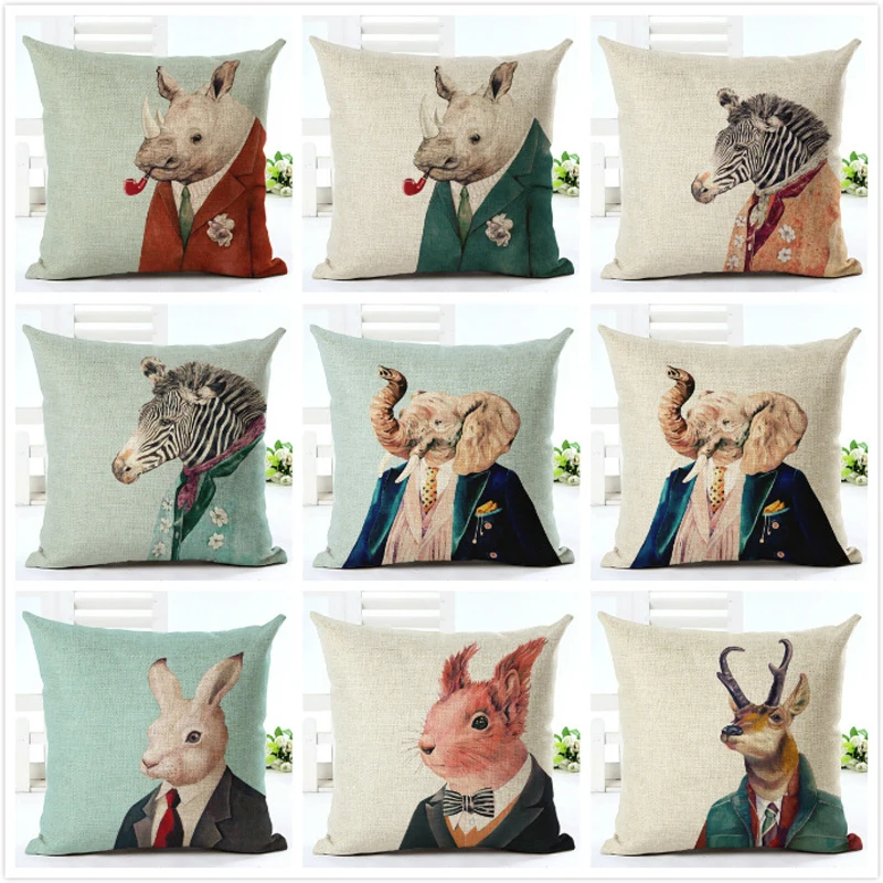 

Cartoon Animal Wear Clothes Printing Cushion Cover Cotton Linen Elephant Pillow Case For Sofa Home Decorative Pillowcase Cover