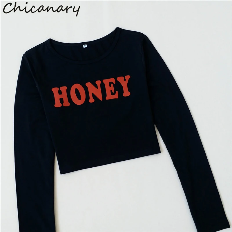 Chicanary 2018 HONEY Crop Top Femme Long Sleeve Tshirt Women Shirt Tops Casual Harajuku Cropped Tumblr White Black | Женская одежда
