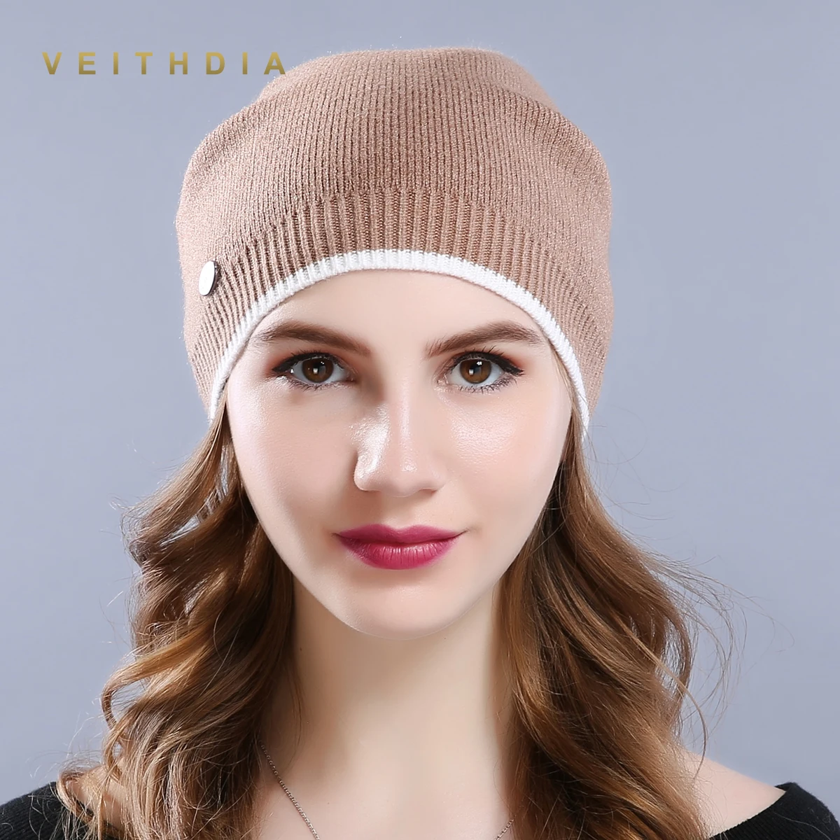 Женская Вязаная Шерстяная Шапка VEITHDIA Повседневная брендовая шапка с фланцем