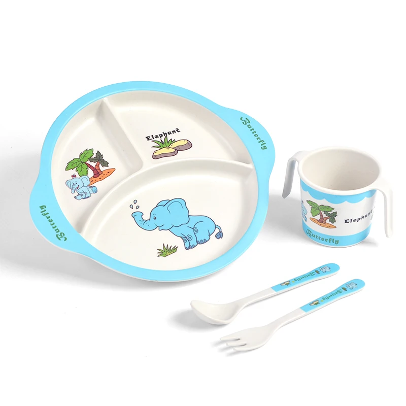 4 PCS Cute Children Tableware Set Baby Bamboo Fiber Cartoon Cup Tablespoon Plate Dishes for Kids children Feeding | Дом и сад