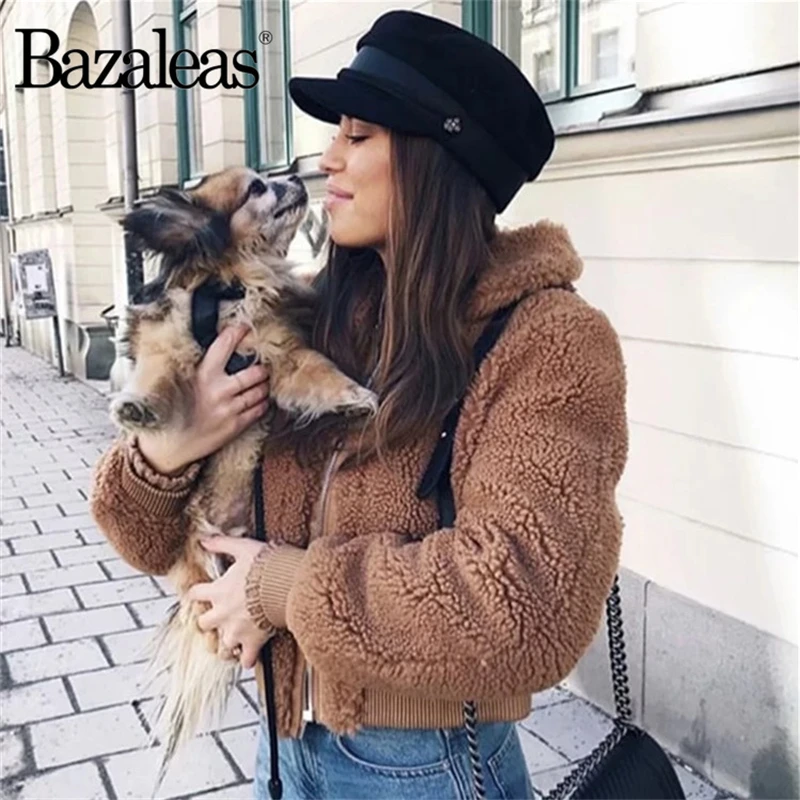 Модная женская куртка Bazaleas винтажная короткая из овечьей шерсти пальто на молнии