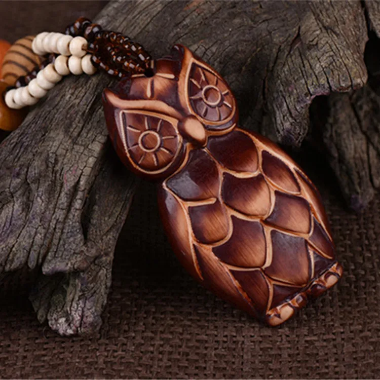 Hand Carved Exotic Hollow Owl Woody Beaded Pendant Necklace Fashion Wooden Jewelry for Women Birthday Gift Present | Украшения и