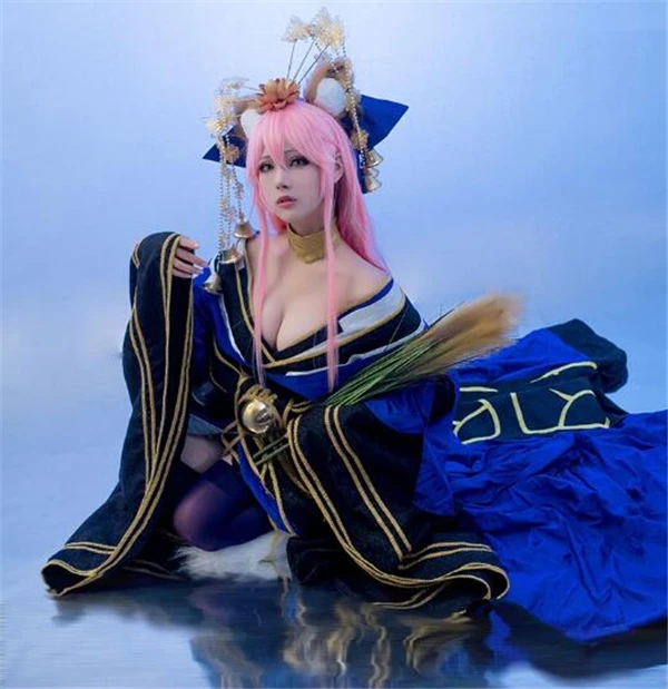 Аниме кимоно FGO Fate/Экстра tamamo no Mae голубой костюм для косплея Платье Великолепное кимоно A