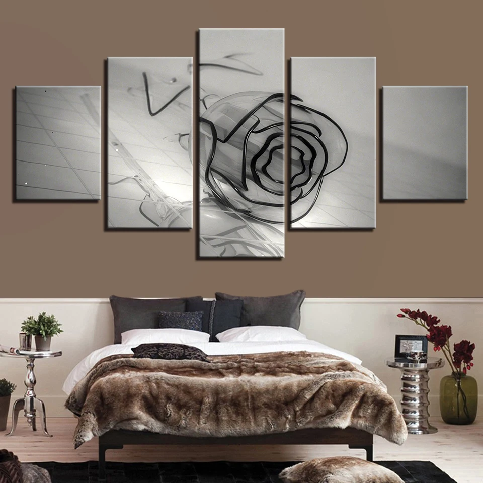Modular Poster Wall Art Decor Canvas Paintings Home Framework Prints 5 Pieces Black And White Glass Rose Flower Pictures | Дом и сад