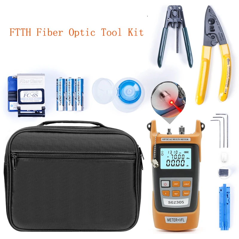 13 in1 FTTH glasvezel tool kit met FC-6S Fiber Optische Cleaver optische power meter 5mW Visual Fault Locator draad Stripper