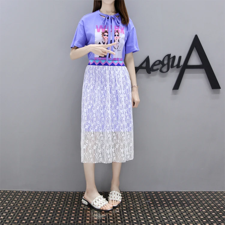 xl - 5xl lady printed T-shirt two-piece lace skirt loose fashion female sets hollow out K94 | Женская одежда