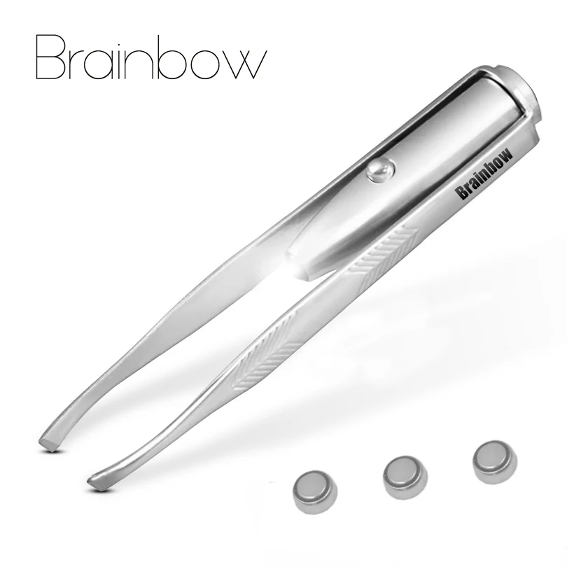 Brainbow 1 шт. светодиодный Пинцет+ 3 батарейки ресниц глаз, бровей для удаления волос инструменты Нержавеющая сталь для бровей Пинцет из нержавеющей стали Pinzette Красота - Цвет: silver