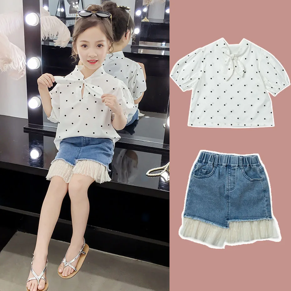 Летняя одежда для девочек блузка в горошек + шорты из 2 предметов комплект одежды