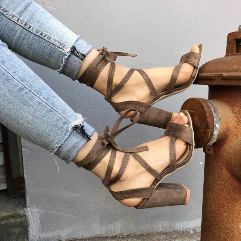 

2018 Women Suede Block heel Sandals Pumps Lace Up Chunky Sandals Thick heeled Woman Summer Shoes Slippers