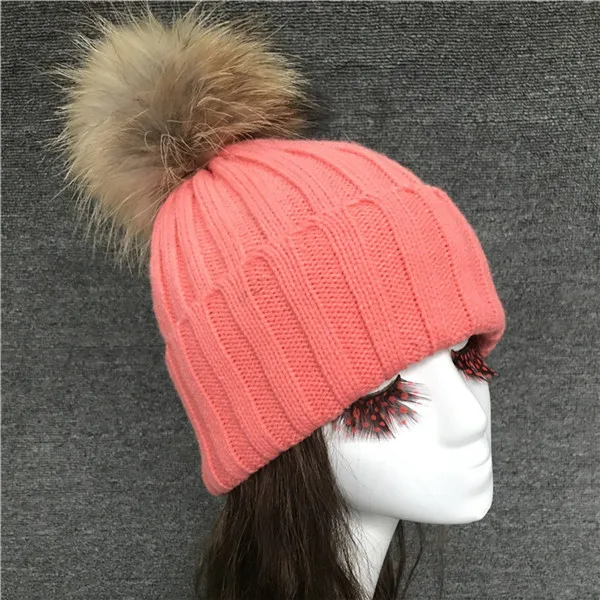pink Милая меховая шапка с помпоном, женская теплая шапка, детские вязаные шапочки, шапка, плотный трикотаж, шапки из натурального меха лисы/енота - Цвет: pink