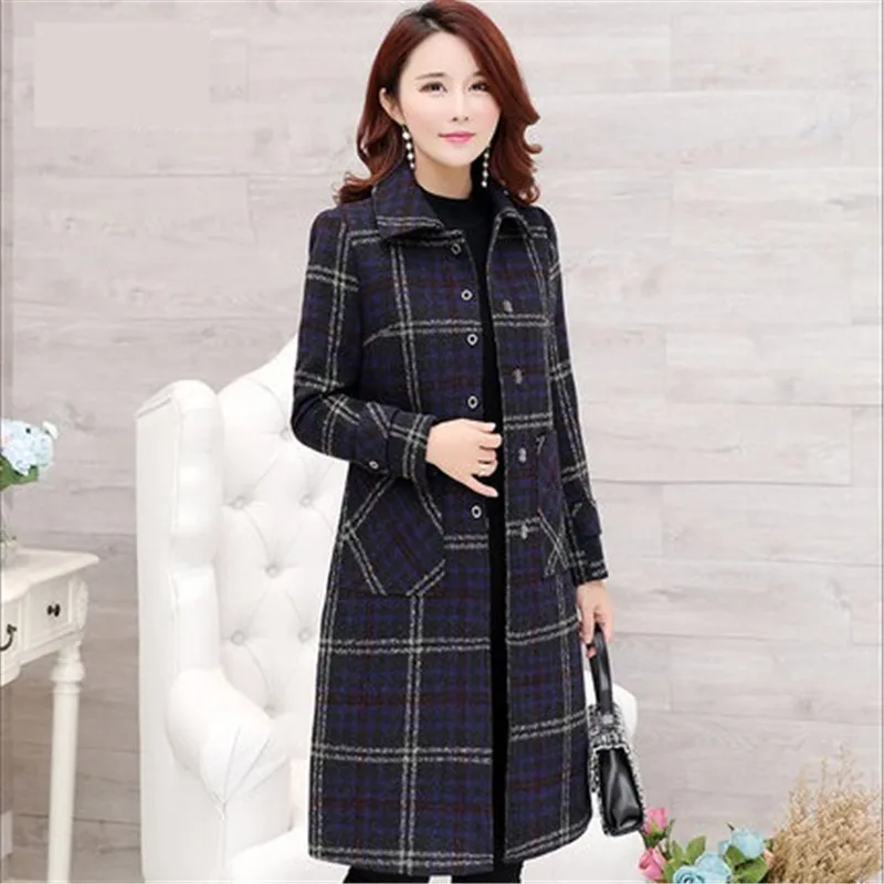 Blue plaid Модная плотная теплая клетчатая верхняя одежда, эксклюзивная женская осенне-зимняя шерстяная куртка, большие размеры, облегающие Женские шерстяные пальто IOQRCJV Q110 - Цвет: Blue plaid