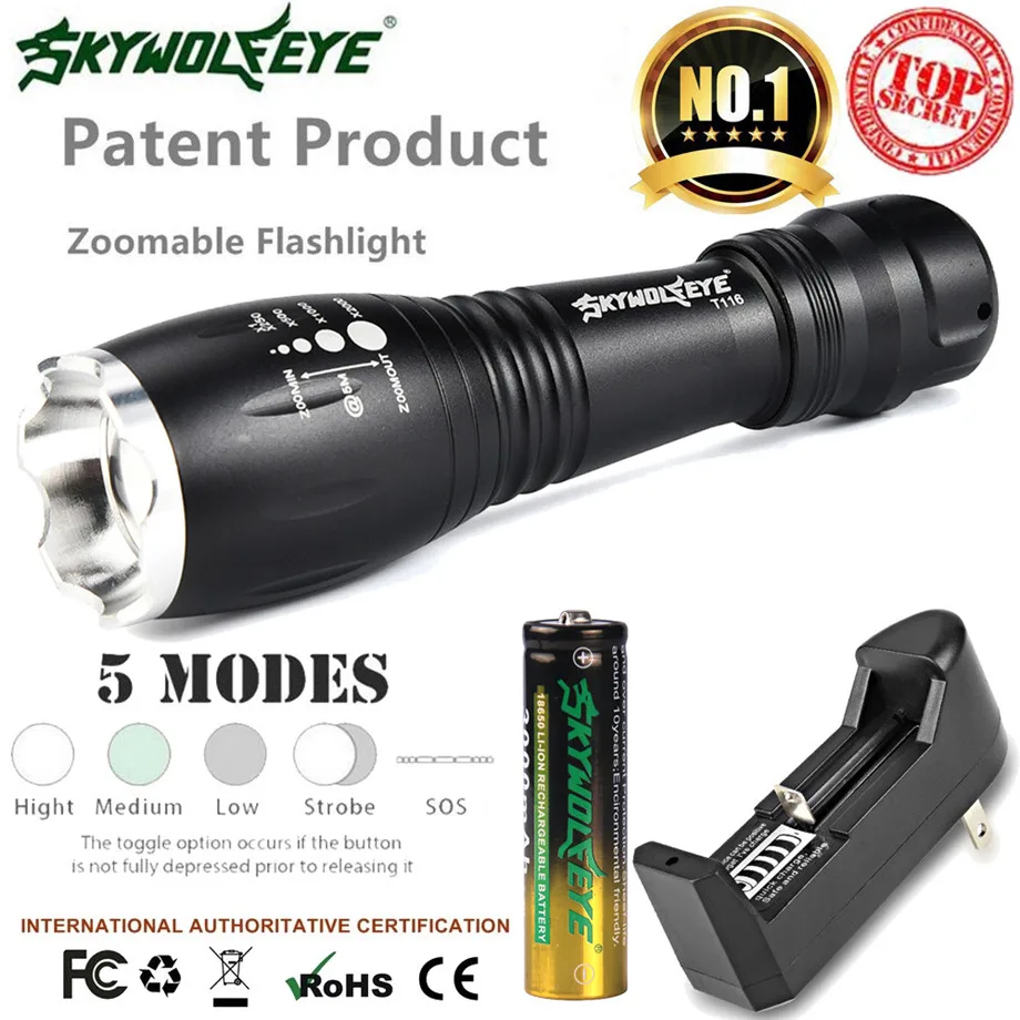 Skywolfeye тактический фонарь с приближением 5 режим XMLT6 светодиодный вспышка