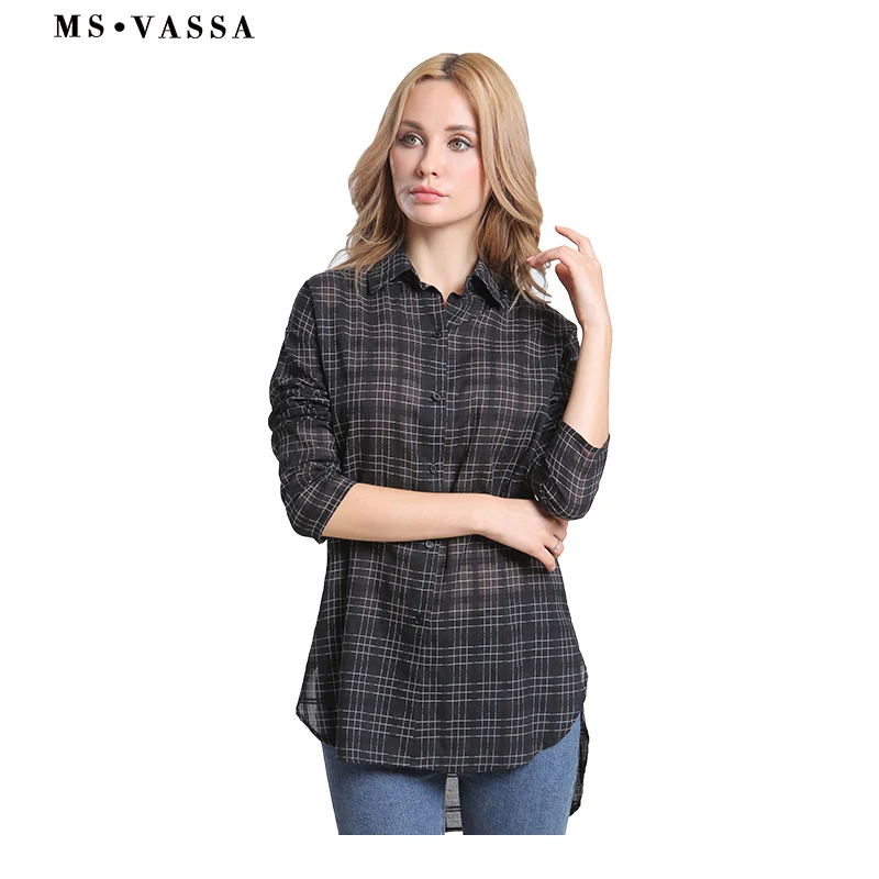 MS VASSA Summer Shirts Black Plaid Women 2019 new casual Blouses long sleeve ladies loose shirts female Oversize 5XL 6XL |