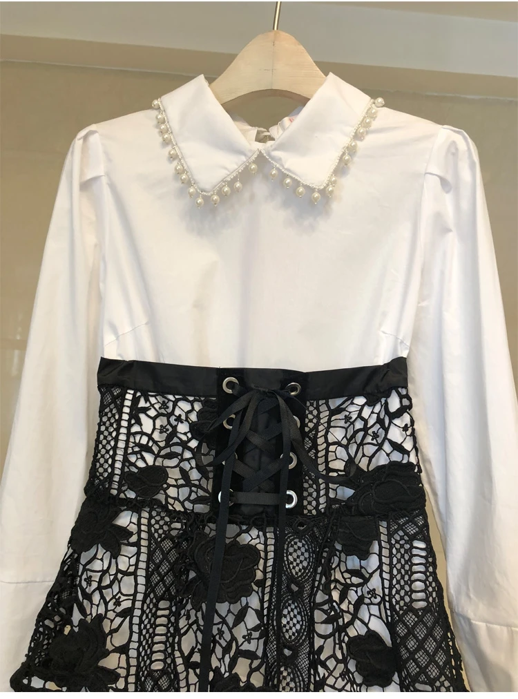 Женское платье рубашка в бело голубую полоску подиумное повседневное кружевное