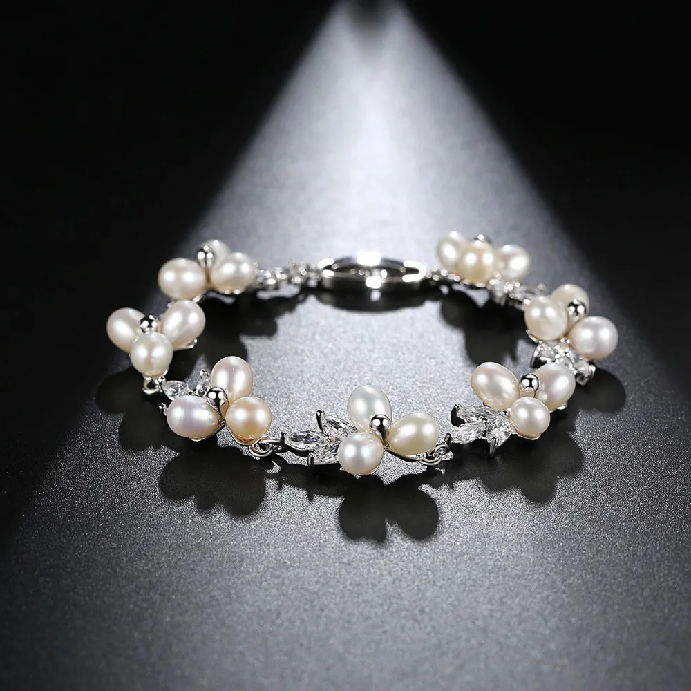 Luoteemi натуральный жемчуг Браслеты для Для женщин Серебряный Цвет звено цепи CZ
