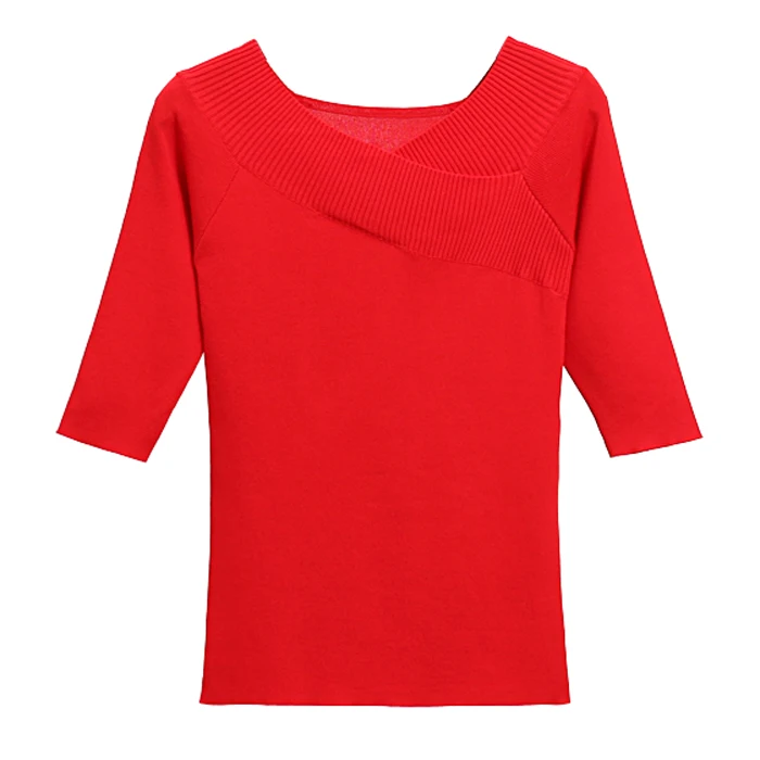 

Spring 2019 New Korean Cross-V-collar Middle-sleeve Knitted Shirt Five-sleeve Ice-silk T-shirt Bottom Top