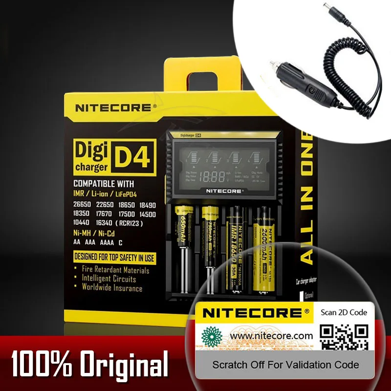 Высокое качество батареи Nitecore D4 D2 I4 I2 зарядное устройство ЖК-дисплей Интеллектуальный литий-ионный 18650 14500 26650 16340 AA автомобильное зарядное устройство ЕС - Цвет: D4 Car Cable