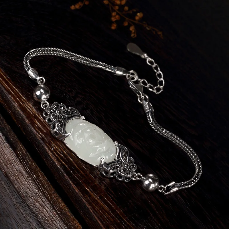 Женский браслет из чистого серебра 925 пробы с бабочками белого пиона | Украшения и