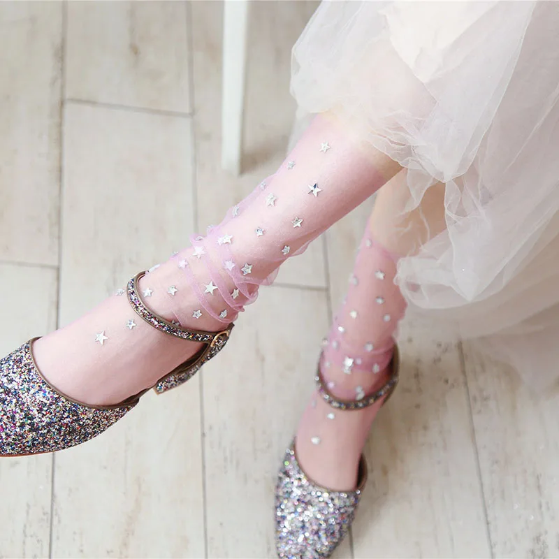

[WPLOIKJD]Transparence Shiny Stars Socks Sexy Ultrathin Women Meias Funny Socks Kawaii Thin Sokken Calcetines Mujer