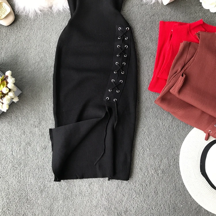 

2019 Summer Women Slim Kintted Mini Dress Sexy O Neck Sleeveless Female Dress Elegant Party Club Black Red Sheath Vestido