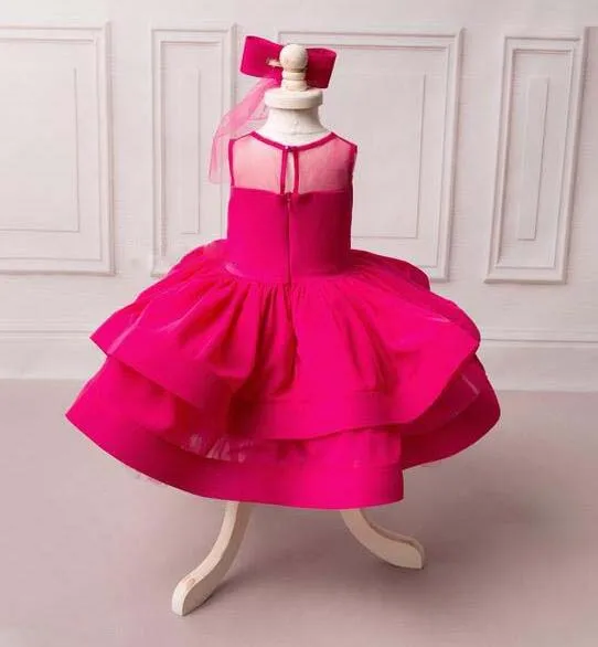 Puffy fuchsia flower girl dress for evening prom party ball gown knee-length baby layered tulle birthday with headpiece | Детская одежда
