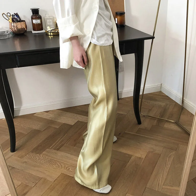 Light Green HLHPYHB модные однотонные блестящие Сатиновые широкие брюки больших размеров, повседневные женские брюки с эластичной резинкой на талии, женские блестящие свободные брюки - Цвет: Light Green